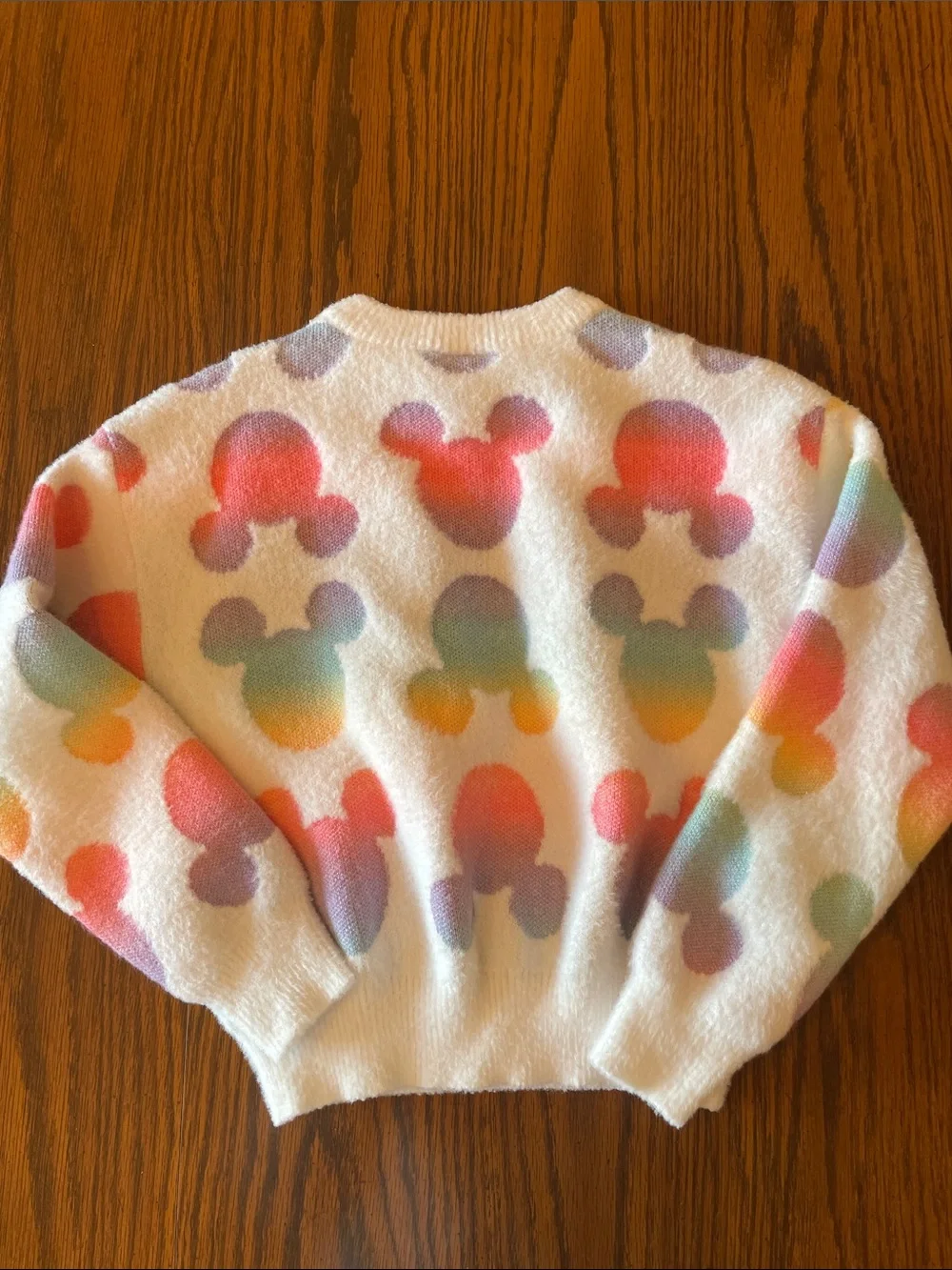 Disney White Crewneck Sweater with Multicolor Pastel Mickey Heads